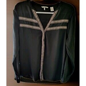 BKE Blouse Size M Black Embroidery V Neck Long Sleeve Rayon  Hidden Buttons